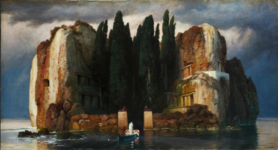Das Bild von Arnold Böcklin, zeigt eine Felseninsel. In den Stein sind Räume geschlagen. In der Mitte ragen Bäume in den dunklen Himmel. Auf einem Kahn fährt eine weiße gekleidete Gestalt im Boot stehend auf eine Öffnung in der Hafenmauer zu.