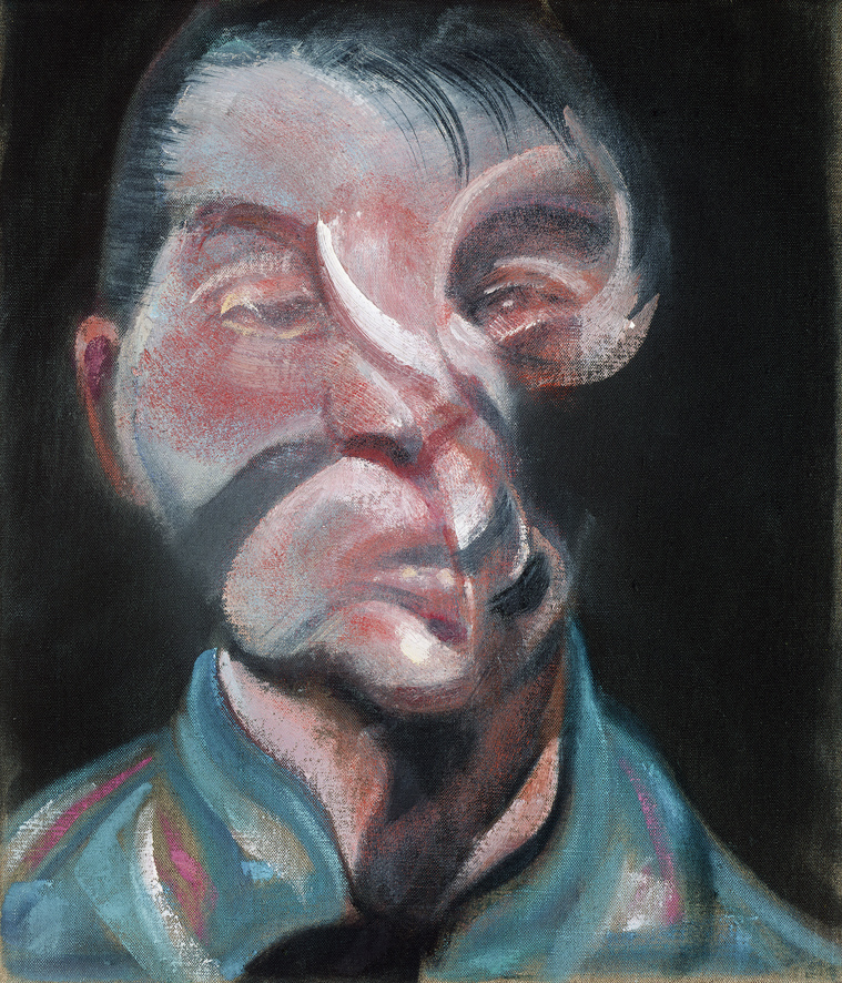 Selbstportrait des Künstlers. Das Gesicht vor dem schwarzen Hintergrund ist deformiert. 