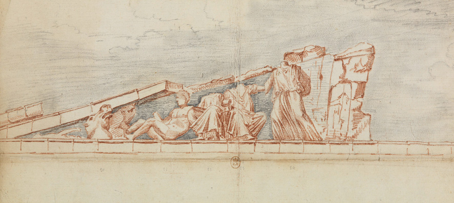 Zeichnung der linken Seite des Ostgiebels des Parthenon mit Figuren und Fragmenten.