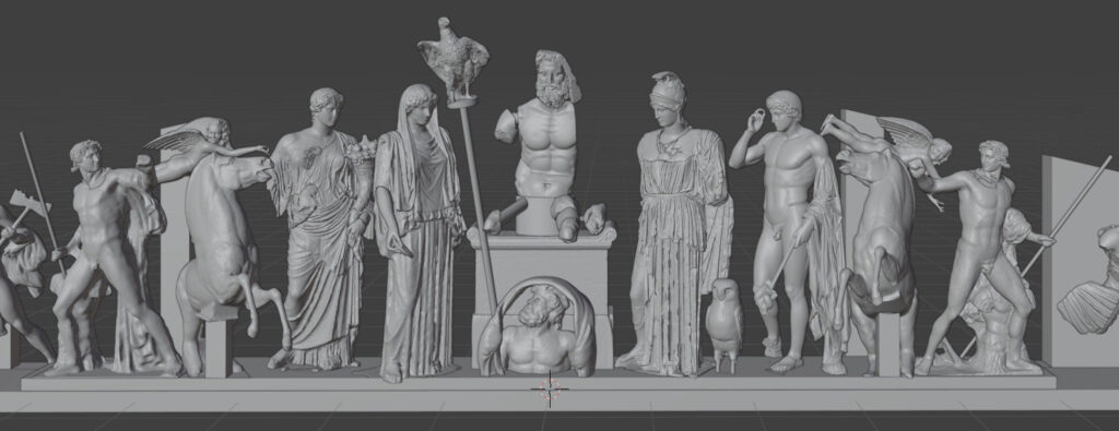 Die Figuren und Fragmente des Ostgiebels in einer Computer-Visualisierung. Menschenähnliche Figuren mit Pferden und Tier-Mensch-Wesen.