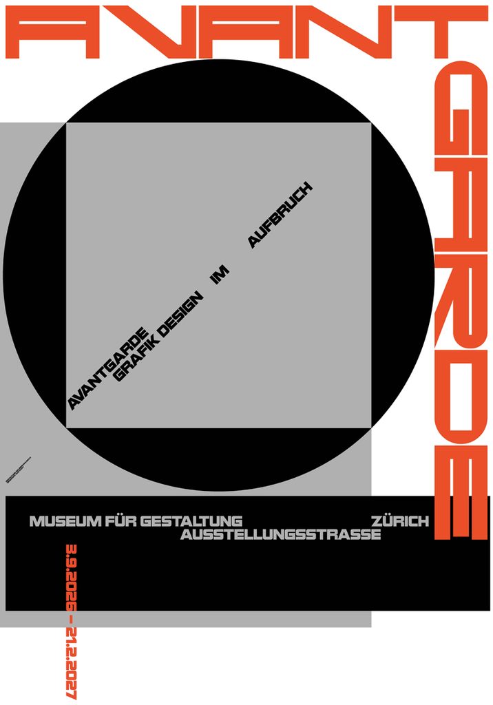 Ausstellungsplakat zur Ausstellung Avantgarde – Grafikdesign im Aufbruch. Die Schrift ist in verschiedenen Formaten und Farben gehalten.